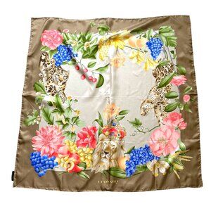 Vintage Leonard Paris Women's Wrap Scarf Silk Brown Leopard Lion Fruits Square